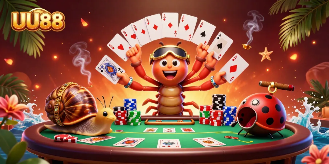 UU88's cartoon dealer showcases exciting poker action with vibrant characters and a colorful atmosphere.