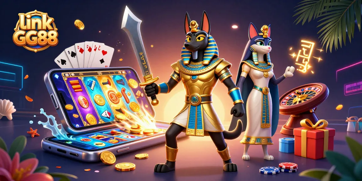 Engage in thrilling gameplay with link GG88, showcasing Anubis and Bastet among vibrant casino elements.