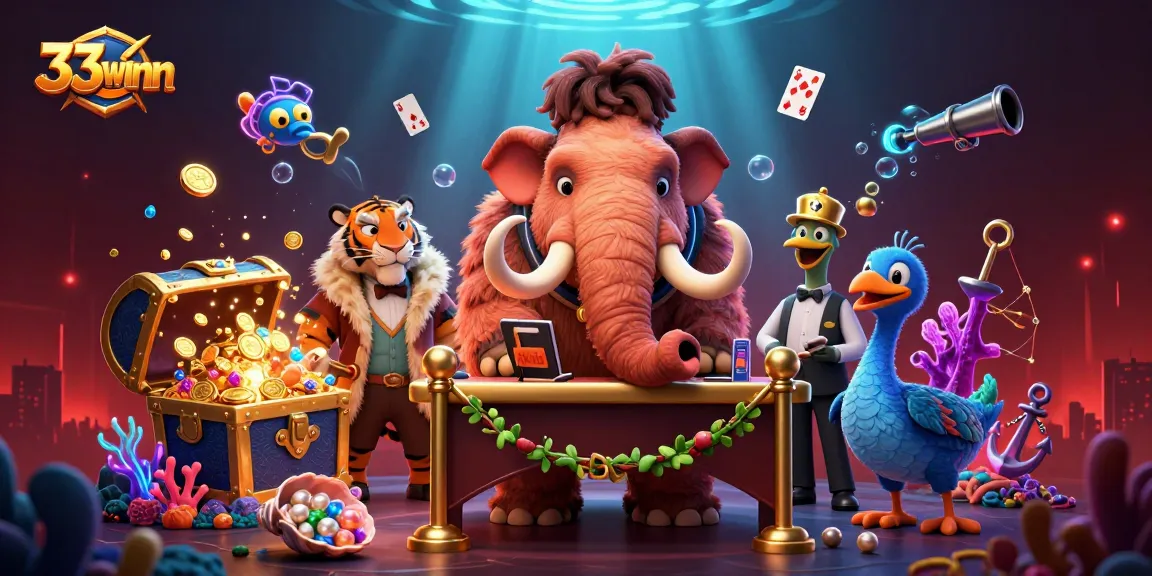 Experience thrilling adventures at 33winn casino with a vibrant 3D scene featuring animated characters and gaming elements.