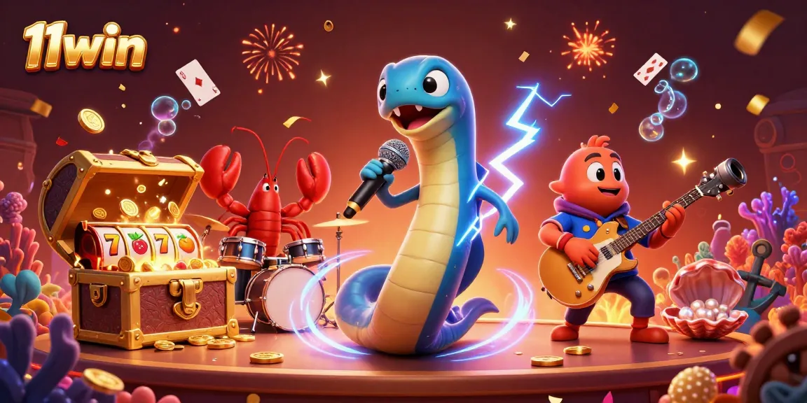 Electrifying performance by the 11win DJ eel with a backup band in a vibrant underwater casino.