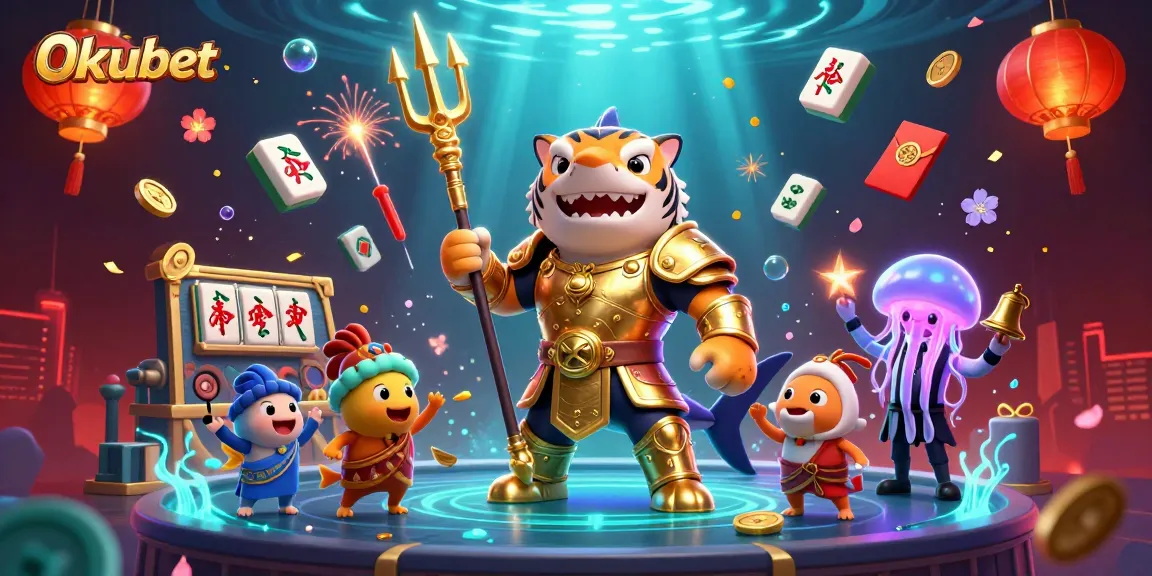 Engage with 0kubet's dynamic underwater casino featuring a fierce tiger shark in gladiator armor and slot reels.