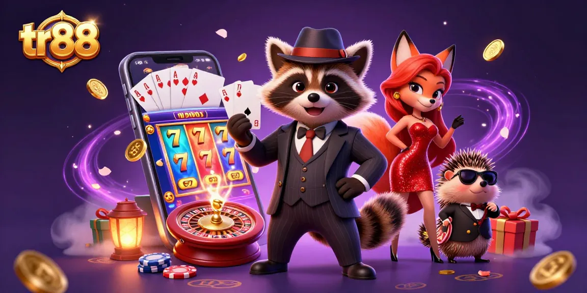 Experience thrilling gaming at tr88 with a suave raccoon, a fox lady, and dynamic casino elements.