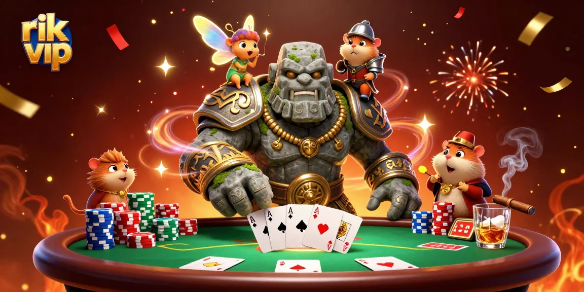 Experience the thrill of rik vip with a vibrant poker scene featuring a magical stone golem and companions.