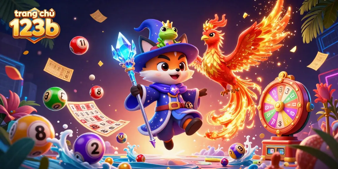 Engage with the vibrant elements of trang chủ 123b, featuring colorful lottery balls and a fantastical wizard.