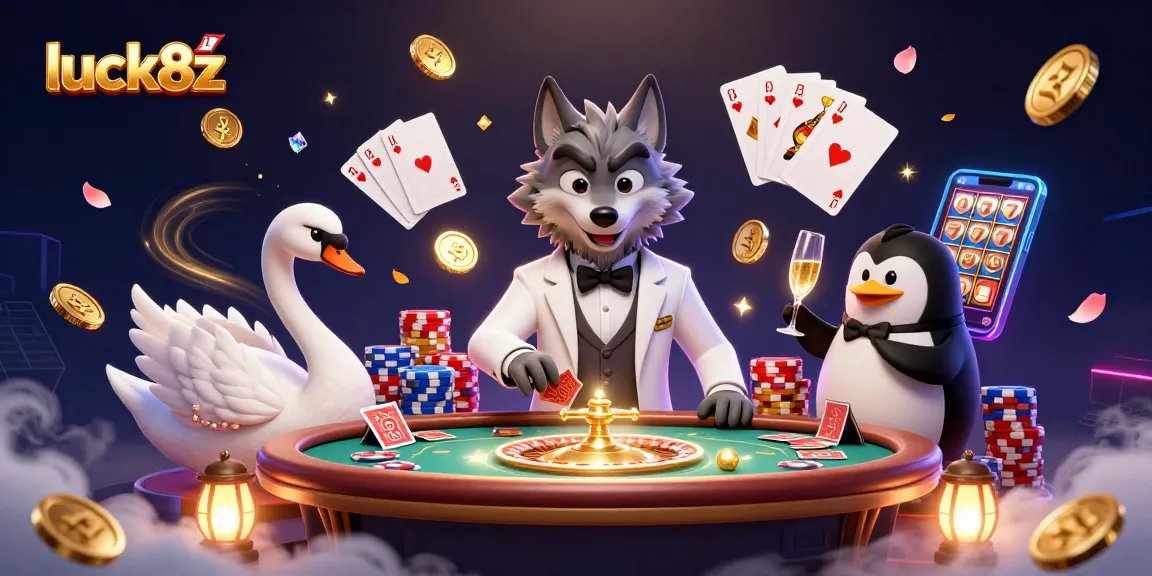 Engage in the exciting world of luck8z with a glamorous casino scene featuring a debonair wolf and an elegant swan.