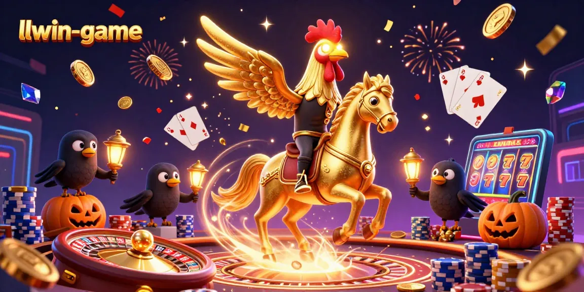 Experience exhilarating gaming at llwin-game with golden rooster, casino elements, and festive effects.