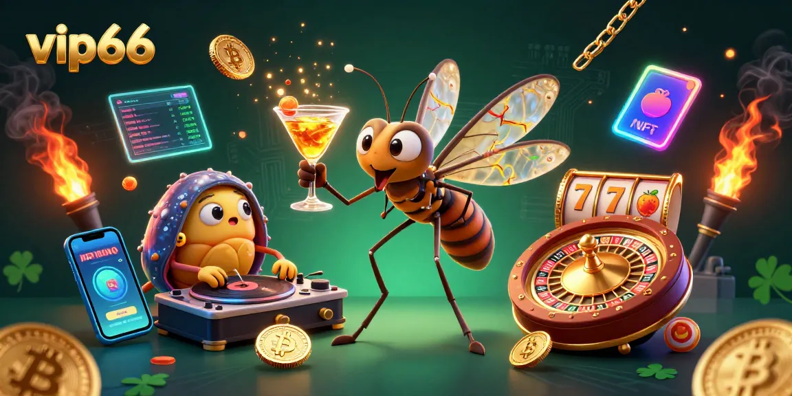 Engage with vip66's vibrant casino scene featuring a lively mascot and crypto elements.