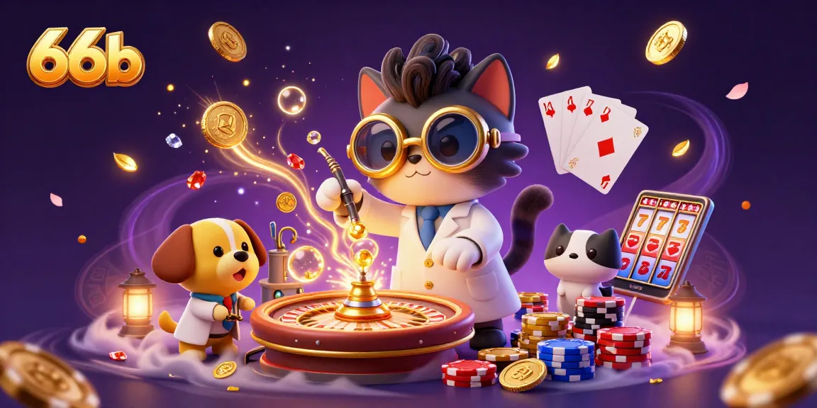 Experience the excitement of 66b with a thrilling scene of a cartoon mad scientist's casino invention.