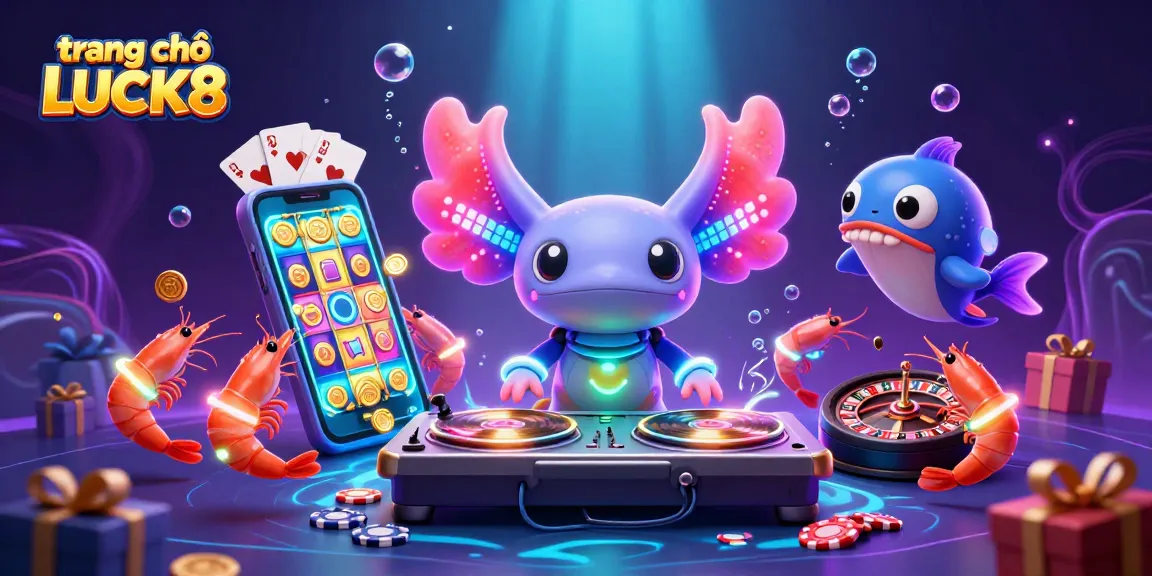 Engage with the vibrant underwater DJ scene at trang chủ LUCK8, featuring a neon axolotl and casino games.